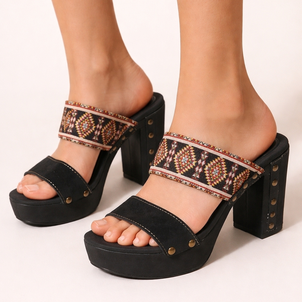 Sbicca Black Platform Sandals with Multicolor Woven Straps